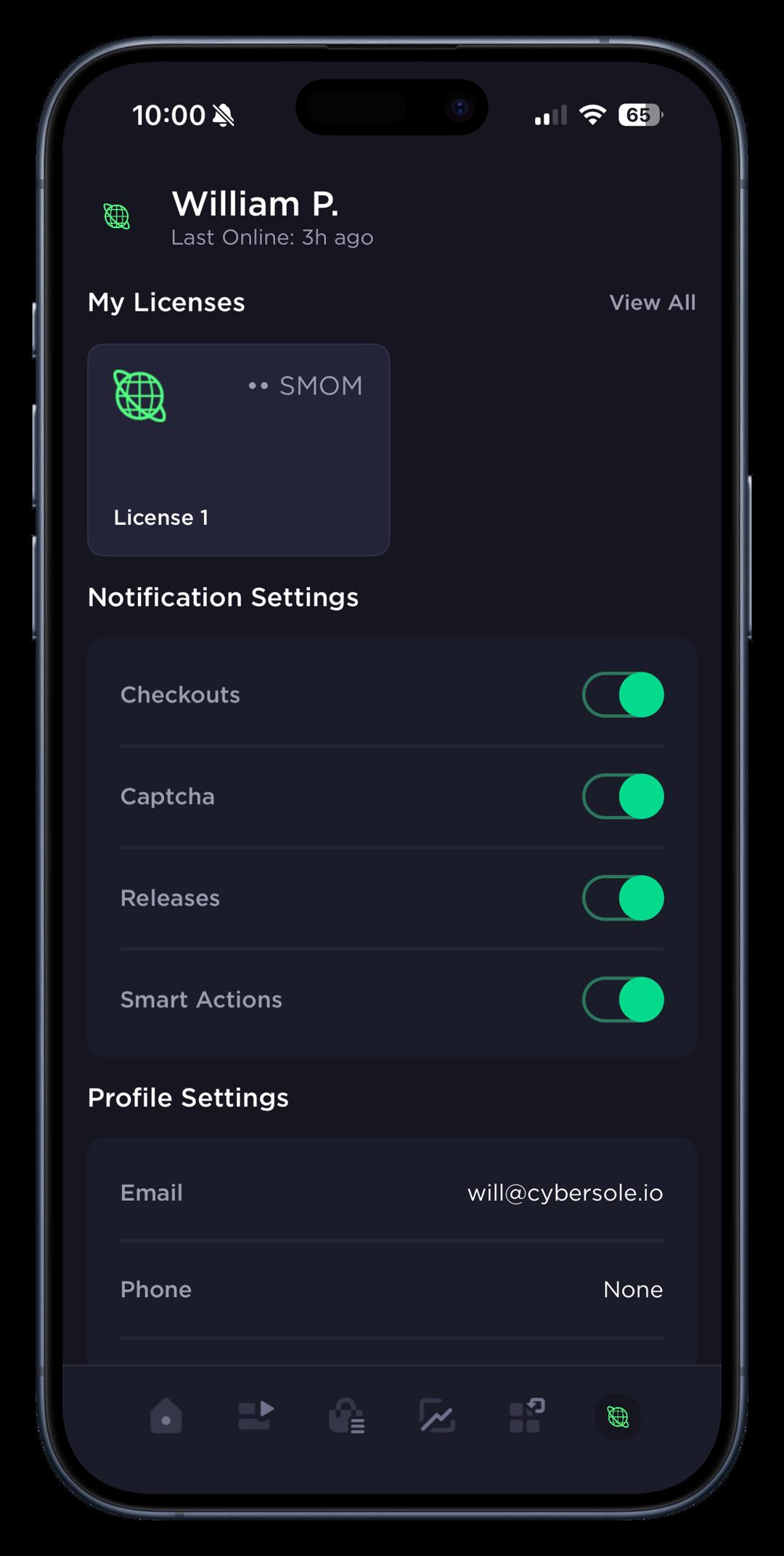 Cybersole for mobile app license management screen